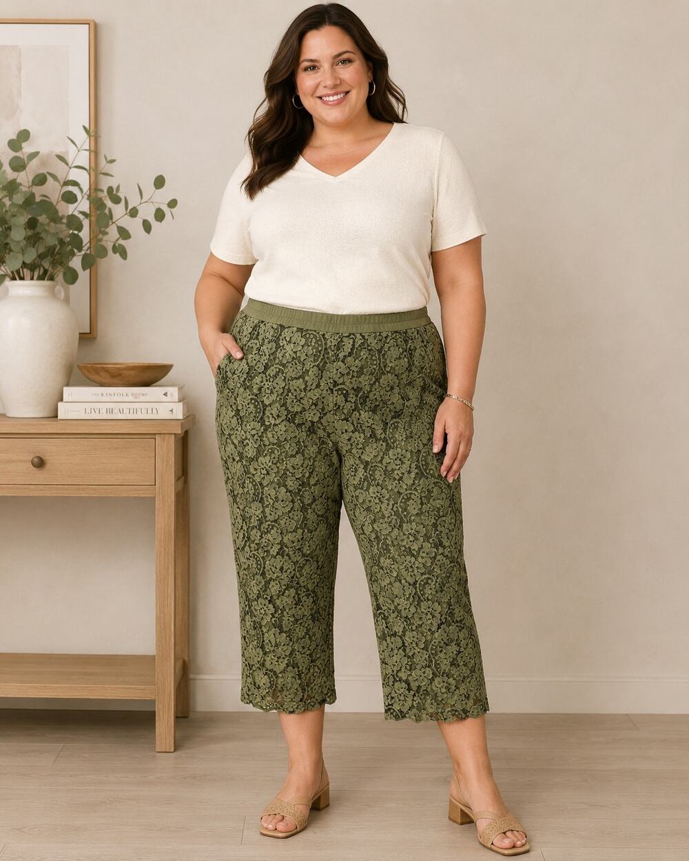 Linea by Louis Dell'Olio Lace Crop Pants Olive Green Women's 28W